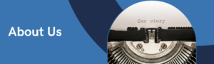 About us. Image of typewriter with our story typed on a page.